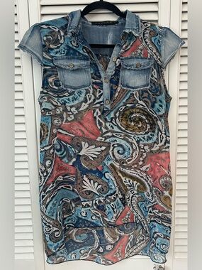 Paisley Print Denim-Trim Sleeveless Top - Blue Multi